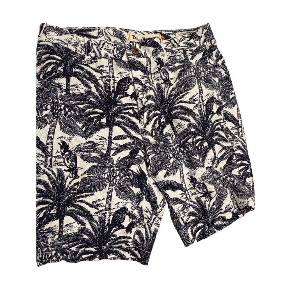 Tailor Vintage Linen Cotton Dobby Palm Shorts Size 32. Navy & White.